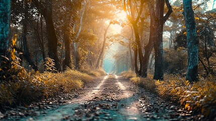 A picturesque forest pathway is bathed in warm sunlight filtering through a canopy of tall trees. The light creates a tranquil atmosphere as it illuminates the foliage, casting dappled shadows on the 