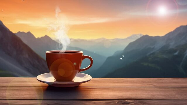 morning cup of coffee with mountain background at sunset. cup of coffee. seamless looping overlay 4k virtual video animation background 
