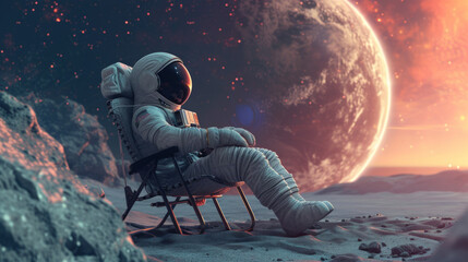 Astronaut relax on beach at the other planet abstract background. Summer vacation and adventure concept. Generative ai.