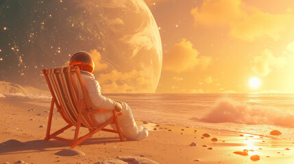 Astronaut relax on beach at the other planet abstract background. Summer vacation and adventure concept. Generative ai.