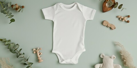 White cotton baby short sleeve bodysuit and natural wooden toys on light green background. Infant onesie mockup. Blank gender neutral newborn kid bodysuit mock up template. Top view