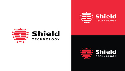 Security Lock Shield With Stripes Digital Dots For Protection Guard Logo Design