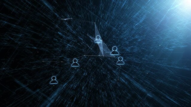 Connected digital people icons on futuristic dark blue loop background.