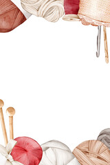 Skein of yarn, balls of woolen threads, needles, knitting hooks. Watercolor isolated illustration for packaging, postcard, certificate. Place for text