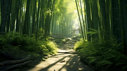 Gordijnen A lush bamboo forest with light filtering through tall, swaying stalks © JollyGrapher