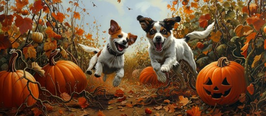 Adorable Two Dogs frolicking in a Pumpkin Patch - Two Dogs, Pumpk, and Patch all in Harmony