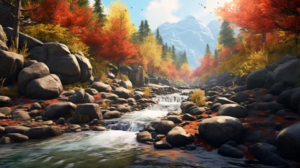 Fotobehang A mountain stream flowing over rocks, surrounded by autumn foliage © JollyGrapher