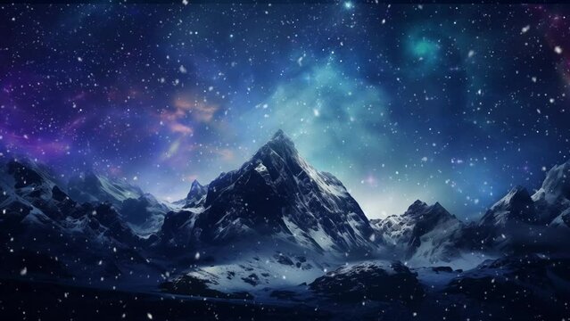 snowy rocky mountain with a beautiful starry night. starry night sky. seamless looping overlay 4k virtual video animation background 