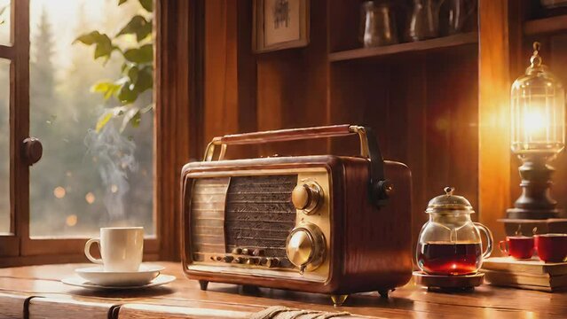 old antique radio and a cup of hot tea near the window with vintage atmosphere and old timey effects. Seamless looping 4K video background.