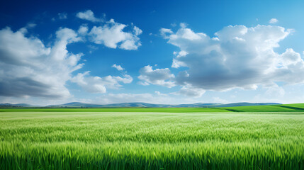 Fototapeta na wymiar Green field and blue sky with light clouds