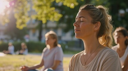 A woman with anxiety disorder peacefully meditating at a mindfulness workshop with others who share her struggles.