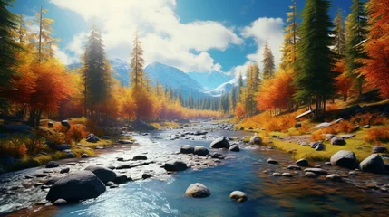 Fotobehang A peaceful river meandering through a colorful autumn forest © JollyGrapher