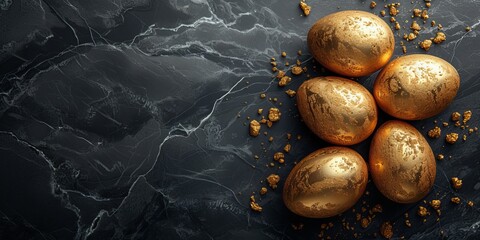 golden easter eggs on a black marble background - easter celebration concept banner