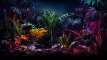 Modern layout with tropical colorful plants in the dark background. Exotic palms and plants in neon illuminated lighting.