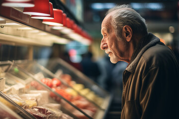 poverty, homeless old man in supermarket grocery store - 728217894