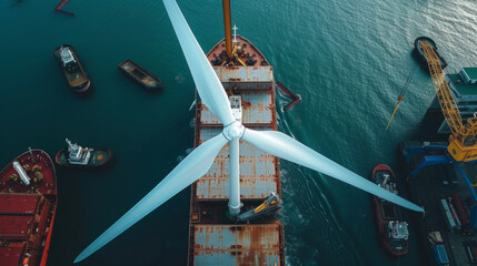 A futuristiclooking wind turbine being installed on a cargo ship showcasing the rapid advancements in technology to embrace alternative energy sources and decarbonize the