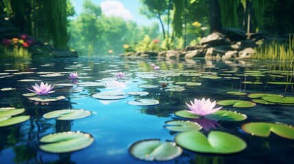A tranquil pond with water lilies and reflections of surrounding trees