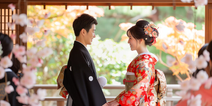 見つめ合う新郎新婦、結婚・和婚・着物