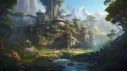 Naklejka premium Journey through an ancient elven city adorned with ornate architecture