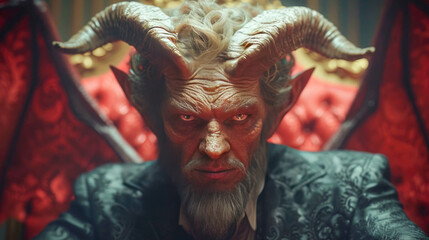 Portrait of an old devil man with horns. Portrait of a devil man with horns - obrazy, fototapety, plakaty
