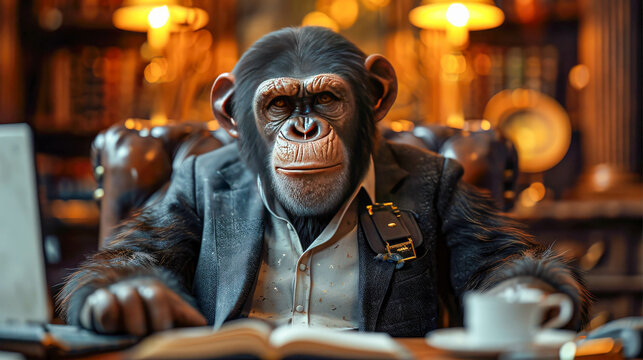Chimpanzee businessman boss in suit sitting at a table in office and working on a laptop