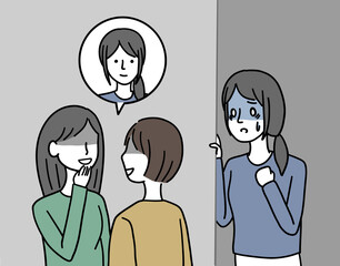 女性の噂話している人達とそれを見て青ざめて怯えている女性