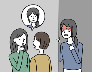 女性について話をしている人達とそれを見て怒っている女性