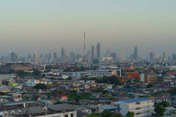 Fototapeta premium Aerial view of Bangkok Downtown Skyline, Thailand. Financial district and business centers in smart urban city in Asia. Skyscraper and high-rise buildings.