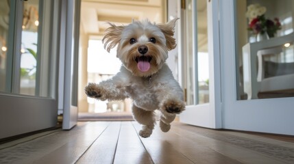 Concept pet friendly hotel. Happy running jumping dog at the hotel. Welcome dog. Pet friendly space