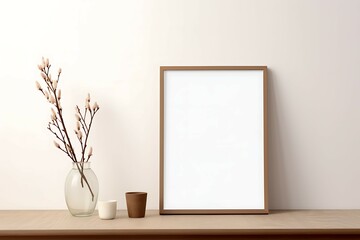 Empty picture canvas frame along with flower vase, Stylish home decor
