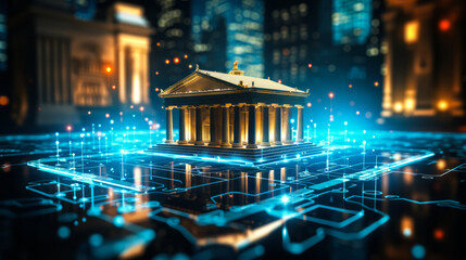 Conceptual digital transformation of banking and financial services with a neoclassical bank building in a high-tech, neon-lit virtual cityscape symbolizing fintech