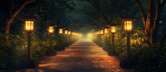Empty Road at Night, Lit by Lanterns: A Serene Pathway Immersed in the Glow of Empty Road, Night, Lit, by Lanterns