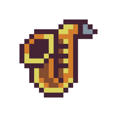 Saxophone musical instrument web icon pixel art style. Design for logo game, sticker, web, mobile app, badges and patches. Isolated vector illustration.