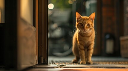 Pet friendly space. Cat and baggage at the hotel entrance, hotel door. Traveling with cat. Pet friendly hotel