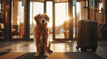 Welcome dog. Concept of pet friendly hotel, pet friendly space. Dog  and luggage suitcase at the hotel entrance, hotel door. Traveling with dogs