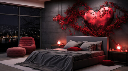 Interior of bedroom decorated for Valentine's Day. Created with Ai