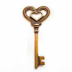 Vintage bronze key with heart-shaped bow isolated on white background, symbolizing love and romance, possibly related to Valentine's Day