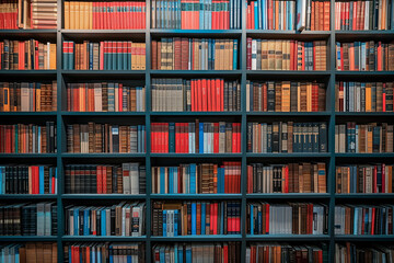 A large bookshelf filled with an organized collection of books in red and blue hues, representing an extensive personal or public library