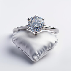 Solitaire diamond engagement ring displayed on a white satin heart-shaped pillow, symbolizing proposals and Valentine's Day