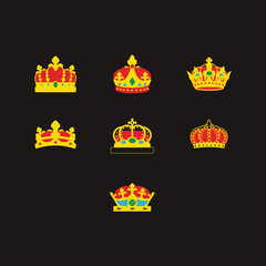 Crowns set. Golden royal jewelry symbol of king queen and princess. Sign of crowning prince authority. Crown jewels isolated on white background. Cartoon flat vector illustration