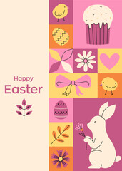 Geometric cute pink greeting card for Happy Easter. Trendy minimalistic illustration. Collection of holiday icons. Website decoration, graphic elements. Holiday covers, posters, banners, greeting card