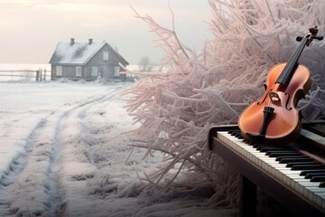 Piano and violin outside. Winter music concept. Everything white with snow.