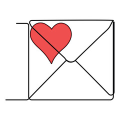 Continuous one line drawing of envelope with heart. Template for love cards and invitations. Love letter. Vector illustration.
