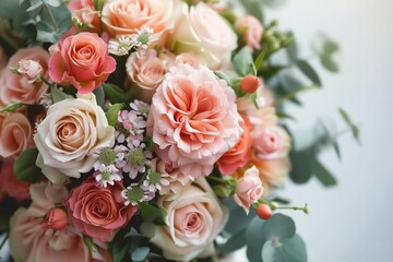 Obraz na płótnie Canvas Wedding flowers, bridal bouquet closeup. Decoration made of roses, peonies and decorative plants, closeup, selective focus, nobody, objects. generative ai.