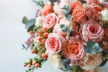 Wedding flowers, bridal bouquet closeup. Decoration made of roses, peonies and decorative plants, closeup, selective focus, nobody, objects. generative ai.