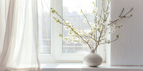 Home interior decor elements. Blooming spring tree branch in vase near window and white wall