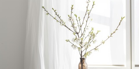 Home interior decor elements. Blooming spring tree branch in vase near window and white wall