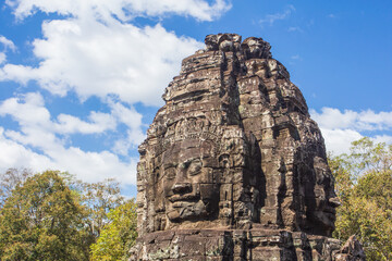 Sacred faces of ancient kings of Cambodia in Bayon temple of Angkor complex, Siem Reap, Cambodia