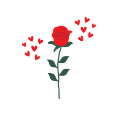 Cute abstract isolated single vertical red Rose branch with green leaves and hearts sparkles on white background