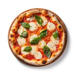 Top view of margherita pizza on a white background.